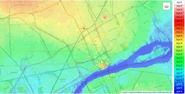 Карта рельефа Детройта